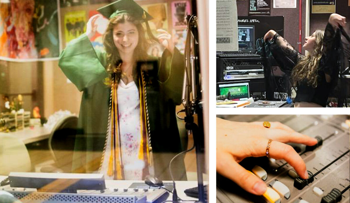 Photo of 2025 graduate Emma Redden in the WGMU studios on Mason's Fairfax campus.